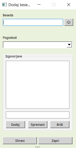 Okno za dodajanje besede v slovar